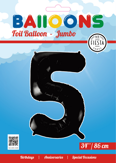 Folie Ballon Cijfer 5 Zwart XL 86cm leeg