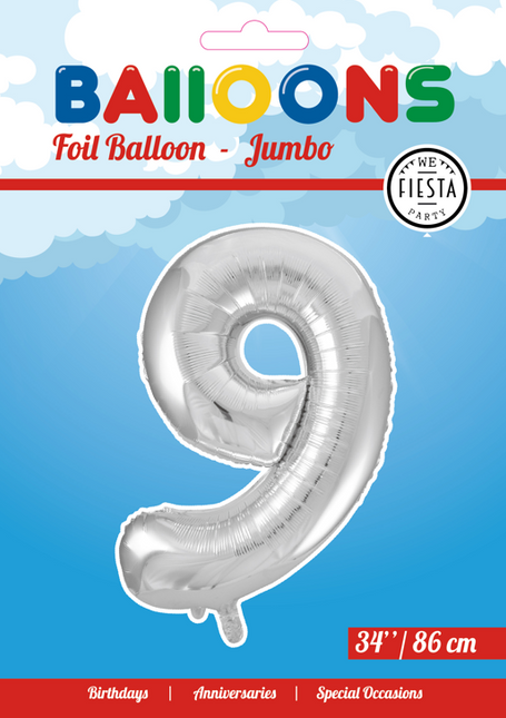 Folie Ballon Cijfer 9 Zilver XL 86cm leeg