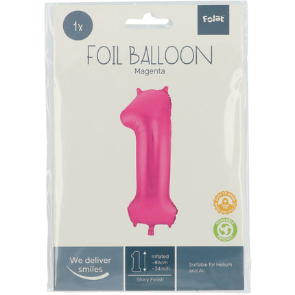 Folie Ballon Cijfer 1 Fuchsia Metallic XL 86cm leeg