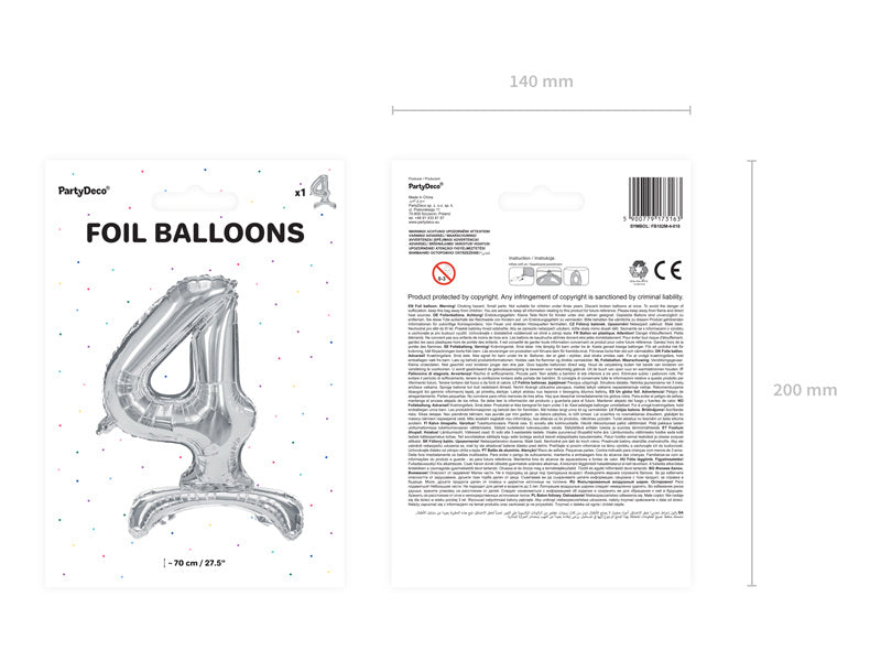 Folie Ballon Cijfer 4 Zilver Standaard Leeg 70cm