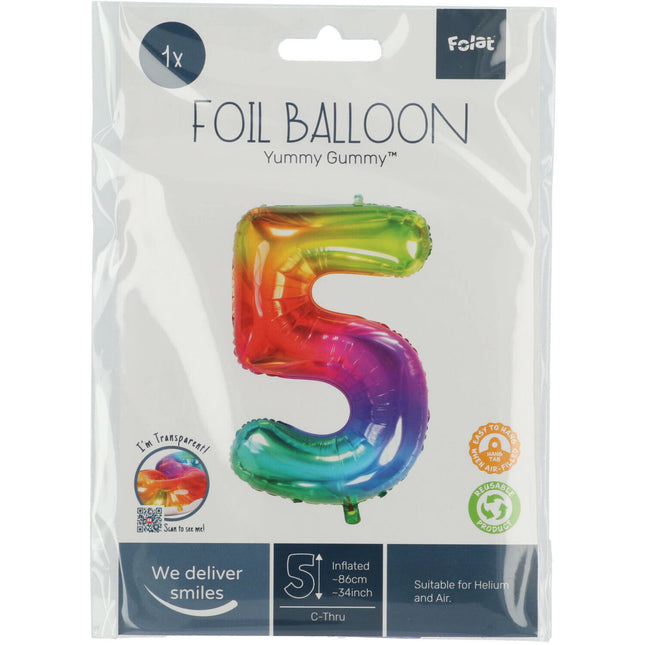 Folie Ballon Cijfer 5 Regenboog XL 81cm leeg