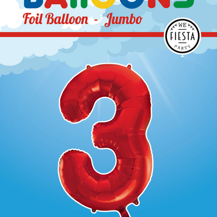 Folie Ballon Cijfer 3 Rood XL 86cm leeg