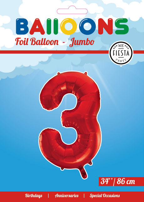 Folie Ballon Cijfer 3 Rood XL 86cm leeg