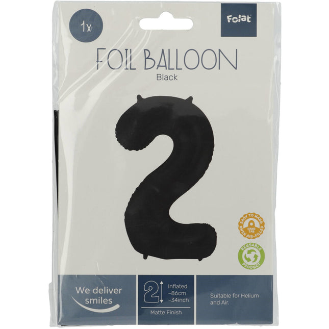 Folie Ballon Cijfer 2 Mat Zwart XL 86cm leeg