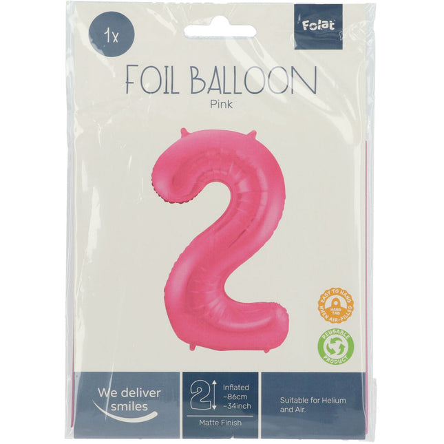 Folie Ballon Cijfer 2 Mat Roze XL 86cm leeg