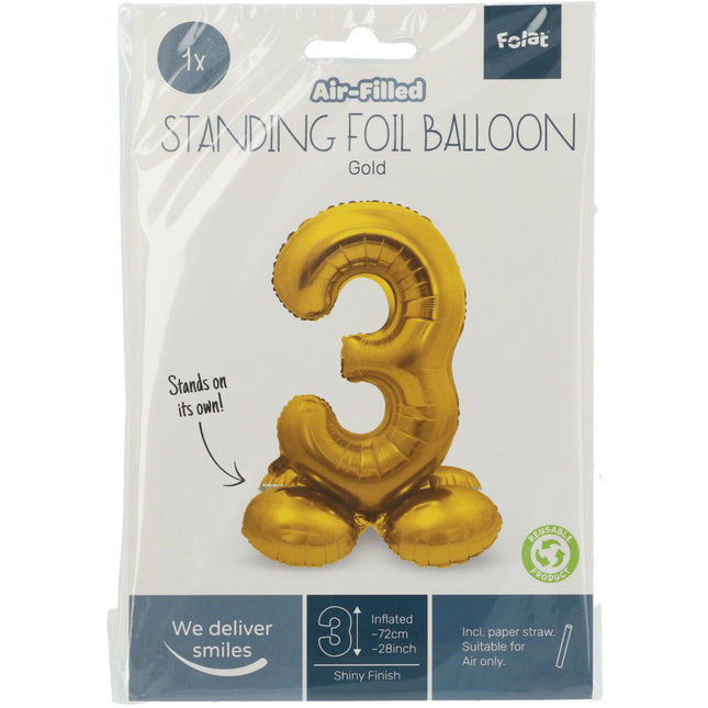 Folie Ballon Cijfer 3 Goud met standaard 72cm