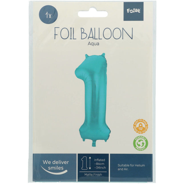 Folie Ballon Cijfer 1 Pastel Mintgroen XL 86cm leeg