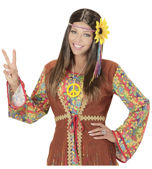 Hippie 60S Pruik Bruin Met Zonnebloem Haarband