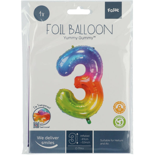 Folie Ballon Cijfer 3 Regenboog XL 81cm leeg