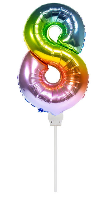 Folie Ballon Cijfer 8 Regenboog 36cm met Stokje