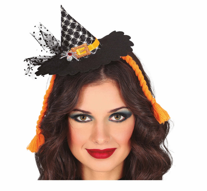 Halloween Haarband Mini Heksenhoed Oranje Vlechtjes