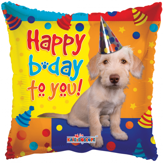 Helium Ballon Vierkant Happy Birthday Hond 45cm leeg