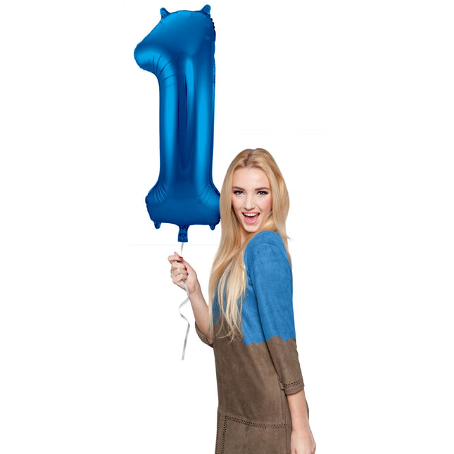 Folie Ballon Cijfer 1 Blauw Metallic XL 86cm leeg