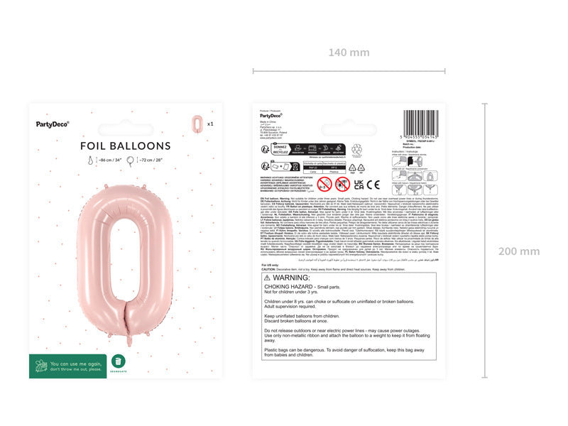 Foil Balloon Number ''0'',72cm, light pink