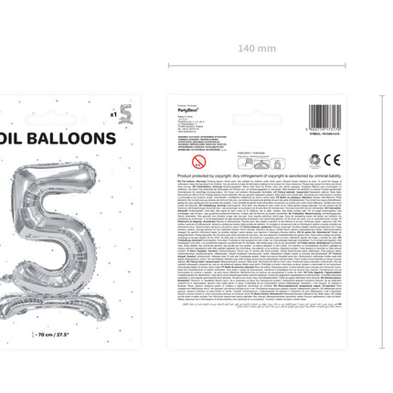 Folie Ballon Cijfer 5 Zilver Standaard Leeg 70cm