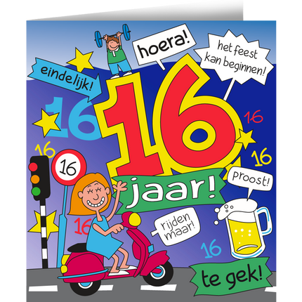 Verjaardagskaart 16 Jaar Cartoon 16,5cm