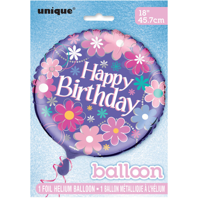 Helium Ballon Bloemen Happy Birthday 45cm leeg