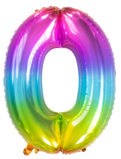 Folie Ballon Cijfer 0 Regenboog XL 81cm leeg