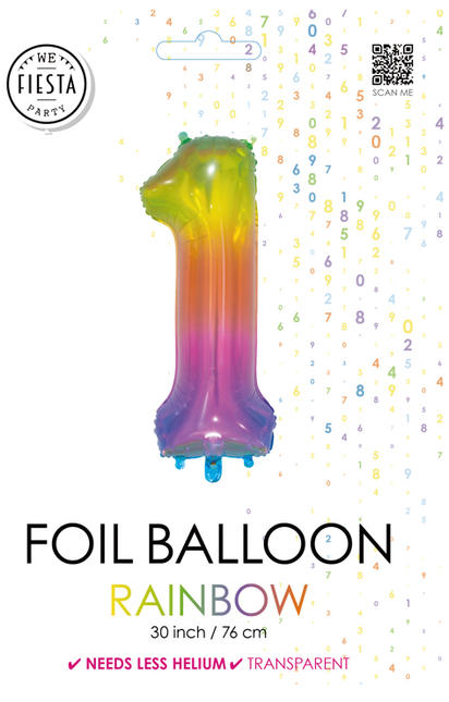 Folieballon Cijfer 1 Regenboog Transparant 66cm