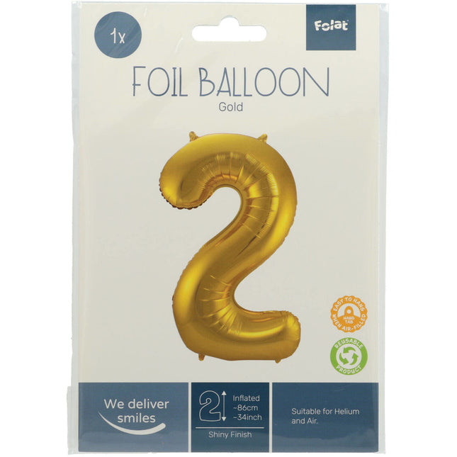 Folie Ballon Cijfer 2 Goud Metallic XL 86cm leeg