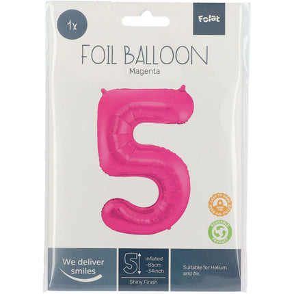 Folie Ballon Cijfer 5 Fuchsia Metallic XL 86cm leeg