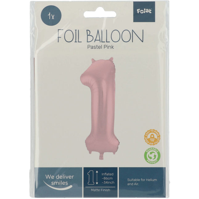 Folie Ballon Cijfer 1 Pastel Roze XL 86cm leeg