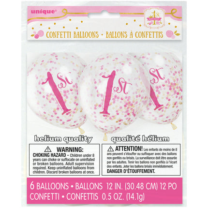 Confetti Ballonnen 1 Jaar Roze 30cm 6st