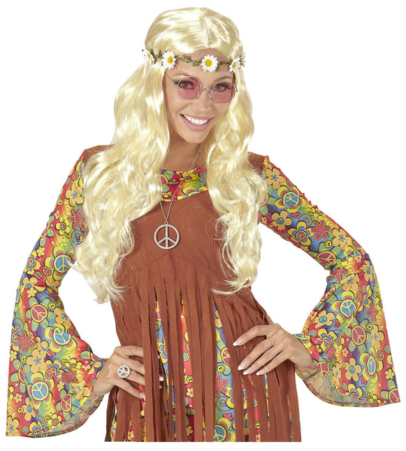 Hippie 60S Pruik Blond Met Bloemen Haarband