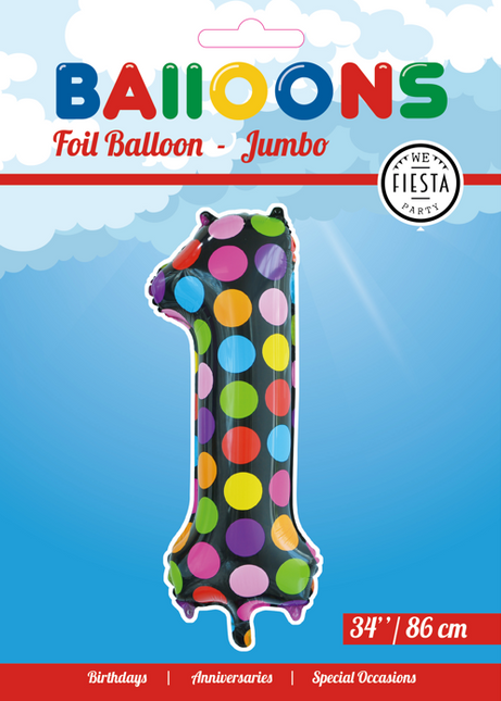 Folie Ballon Cijfer 1 Stippen XL 86cm leeg