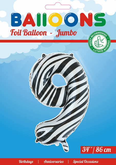 Folie Ballon Cijfer 9 Zebra XL 86cm leeg