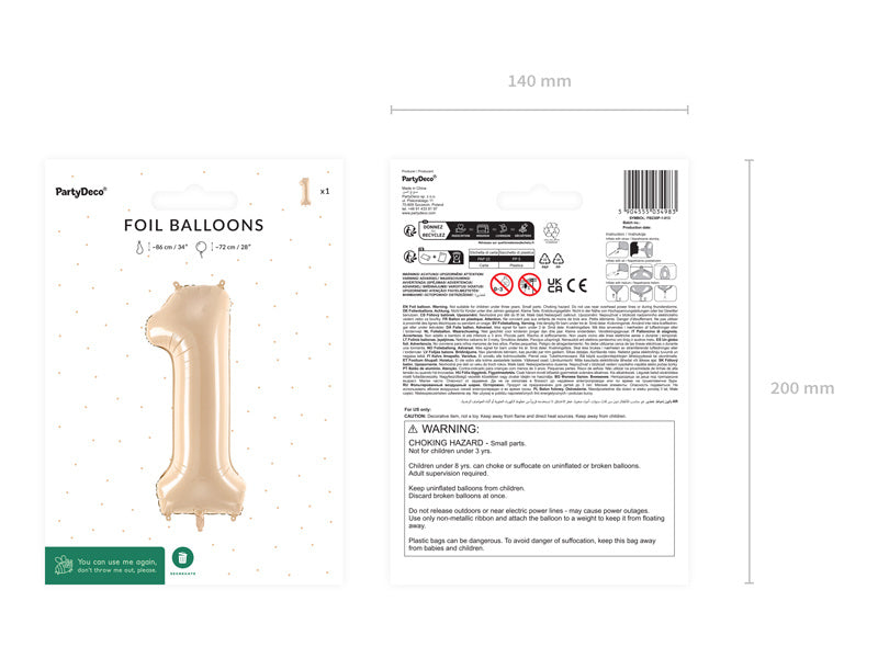 Foil Balloon Number ''1'', 72cm, beige