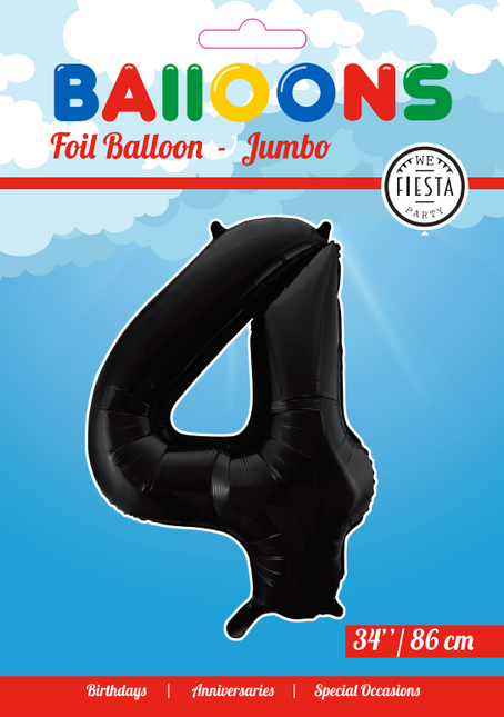 Folie Ballon Cijfer 4 Zwart XL 86cm leeg