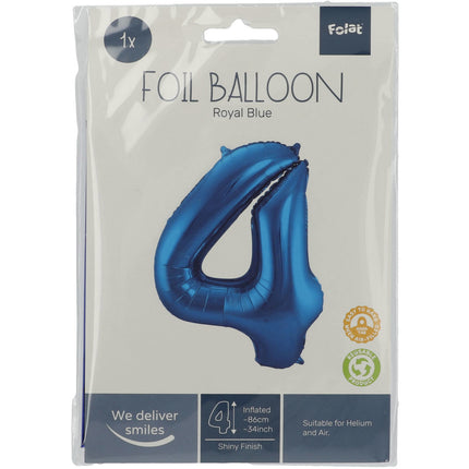 Folie Ballon Cijfer 4 Blauw Metallic XL 86cm leeg