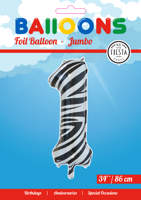 Folie Ballon Cijfer 1 Zebra XL 86cm leeg