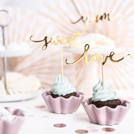 Cupcake Toppers Goud Sweet Love Yum 13cm 6st