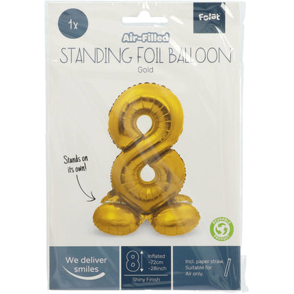 Folie Ballon Cijfer 8 Goud met standaard 72cm