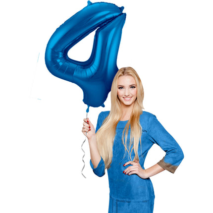 Folie Ballon Cijfer 4 Blauw Metallic XL 86cm leeg