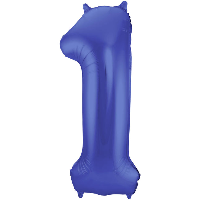 Folie Ballon Cijfer 1 Mat Blauw XL 86cm leeg