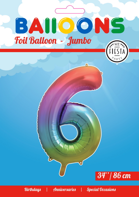 Folie Ballon Cijfer 6 Regenboog XL 86cm leeg