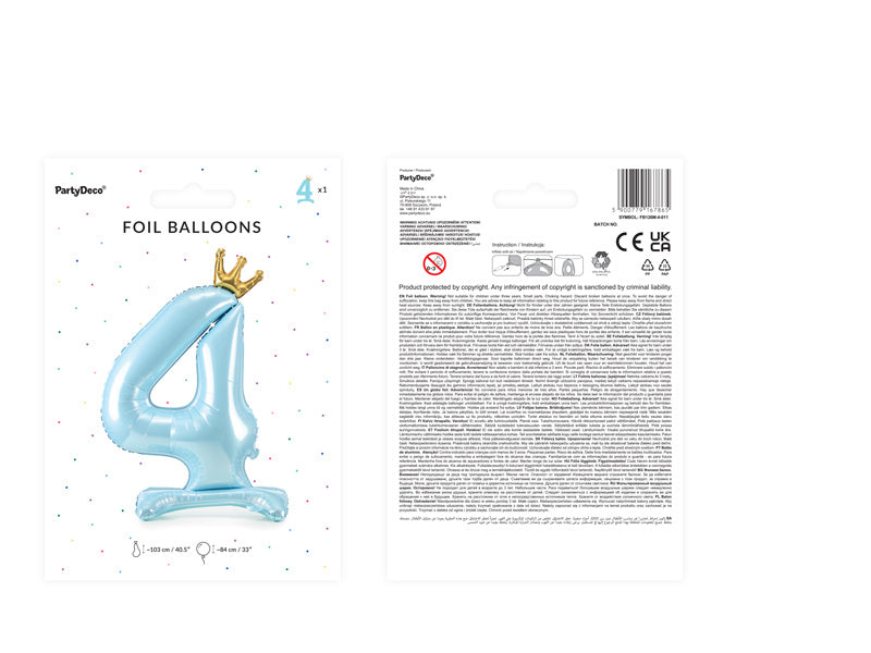 Folie Ballon Cijfer 4 Lichtblauw Standaard Leeg 84cm