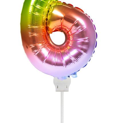 Folie Ballon Cijfer 6 Regenboog 36cm met Stokje