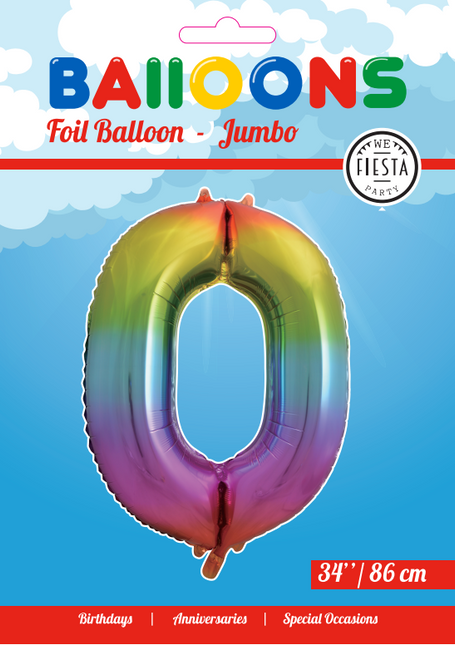 Folie Ballon Cijfer 0 Regenboog XL 86cm leeg