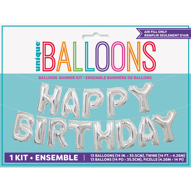 Folie Ballon Happy Birthday Zilver Leeg 4,31m