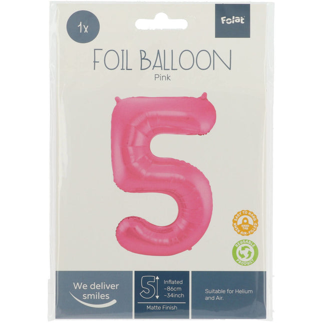 Folie Ballon Cijfer 5 Mat Roze XL 86cm leeg