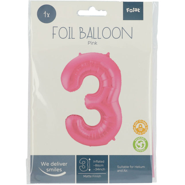 Folie Ballon Cijfer 3 Mat Roze XL 86cm leeg