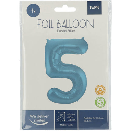 Folie Ballon Cijfer 5 Pastel Blauw XL 86cm leeg